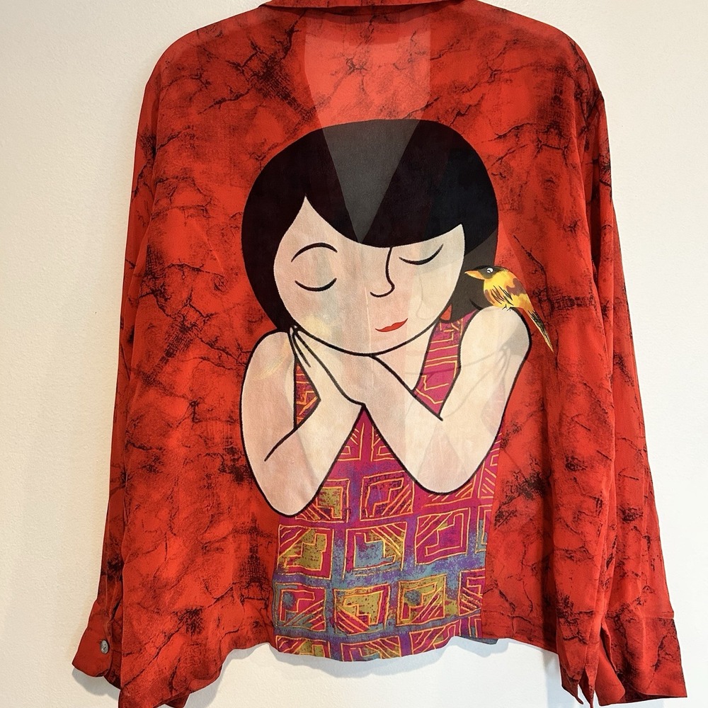Vintage CHICOS 2 Large 100% Sheer Silk Red Blouse Asian Lady & Bird ART TO WEAR - Picture 2 of 10